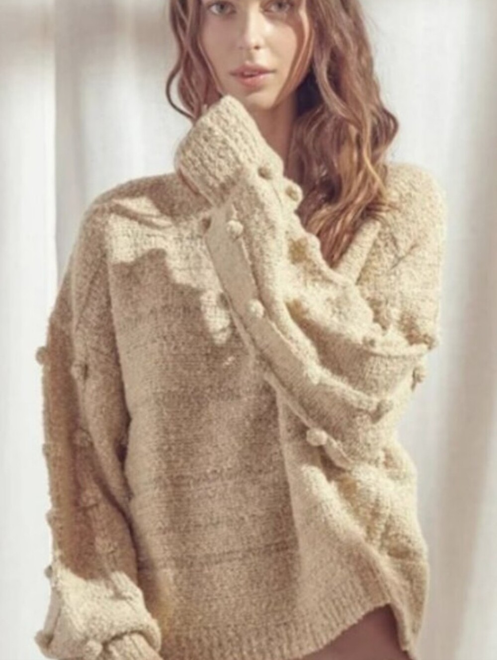 STORIA Pom Pom 3D Oatmeal Tan CrewNeck Sweater Large